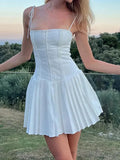KYLETHOMASW  -  Elegant Spaghetti Strap Slim Mini Dress Summer Fairy Corset Pleated Chic Short Dresses Lace Up Y2K Party Evening Holiday Vestido
