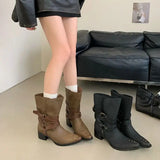 KYLETHOMASW  -  Black Chunky Heels Ankle Boots Woman Pointed Toe Rivet Fall Shoes Belt Buckle Western Style Cowboy Boots Zapatos Mujer