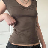 KYLETHOMASW  -  Folds V-neck Top Brown Vintage Slimming Button Short Sleeve T-shirt Casual Basic Streetwear Elegant Cargo Tops Summer