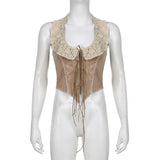 KYLETHOMASW  -  Western retro suede lace patchwork strap irregular short top American spicy girl niche sexy hanging neck vest