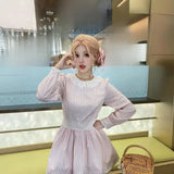 KYLETHOMASW  -  Sweet Dresses Women Lace Patchwork Striped O Neck Spring Peter Pan Collar Long Sleeve Mini Dress Elegant Party Female