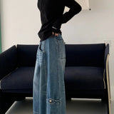 KYLETHOMASW  -  Casual Woman’ s Deep Blue Capri Pants Simple Design High Waist Slim Retro Style Loose Fit Jeans Trendy Women's Shorts