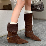 KYLETHOMASW  -  Mid Calf Women Boots Pointed Toe Flats Shoes Designer Chelsea Boots Winter 2025 Casual Walking Suede Zapatos Goth Mujer Botas