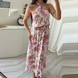 Kylethomasw -  Female Off Shoulder Hollow Out Holiday Beach Dress Elegant Pattern Print High Waist Long Dress Fashion Summer Halter Loose Dress