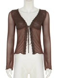 KYLETHOMASW  -  Retro V-neck lace border cardigan hot and spicy light cooked style thin cut see through long sleeved sunscreen jacket