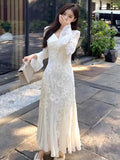 KYLETHOMASW  -  Autumn Embroidery Mermaid Dress for Women Flare Sleeve V-neck Lace-up Slim Evening Party Robe Elegant One Piece Vestidos Mujer