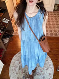 KYLETHOMASW  -  Blue Sleeveless Strap Dress Children Wear 2025 New Summer French Style Seaside Vacation Vest Long Dress Loose Elegant