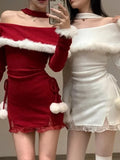 KYLTHOMASW  -  Sweet Hot Girl Christmas Red Dress for Women's Autumn and Winter Pure Sexy Slim Fit Off Shoulder Dress Fashion Female Clothes