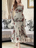 KYLETHOMASW  -  2024 Summer French Vintage Boho Print Midi Dress Women Casual Elegant One Shoulder Dress Korean Fashion Even Party Female Chic