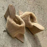 KYLETHOMASW  -  Plush Women's Autumn Slippers French Pointed Open-toed Fluffy Slippers Home Outdoors Fashion Wedge Shoes Women Heels Highquality