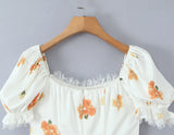 KYLETHOMASW  -  Retro White Flower Bow Ruched Chest Lace Slash Collar Satin Mini Dress Women Short Puff Sleeve Low Waist Swing Dresses Robe