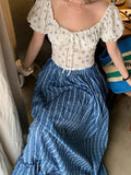 KYLTHOMASW  -   Blue and White Stripe Retro Half Skirt Summer 2024 New Fashion Spliced Lace High Waist Slimming Beach Style Long Skirt for Women