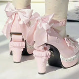 KYLETHOMASW  -  Original Egg Tart Heart High Heel Lolita Shoes with  Knot Silk Ribbon and Unique Shape Heel for Women