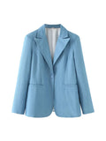 Kylethomasw  Spring Fashion Denim Blazer For Women Solid Long Sleeves Pockets Lapel Single Button Jacket Female Loose Causal Coat