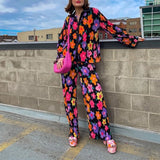 KYLETHOMASW  -  Y2K Graphic Print Long Sleeve Shirt Blouse + Wide Leg Pants Chic Women Two Piece Set Vintage Streetwear Boho Holiday Outfits