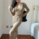 KYLETHOMASW  -  Autumn New Kniting Bodycon Midi Dresses For Women Long Sleeve Solid Color Elegant Office Ladies Single Breasted Slit Dress K658