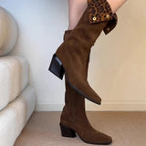 KYLETHOMASW  -  Women Leopard Knee High Boots Sexy High Heels Shoes Winter Warm Long Boots New Suede Pumps Chunky Chelsea Boots Snow Botas