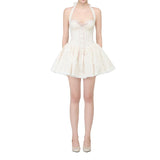 KYLETHOMASW  -  New Cream Pink Floral Halter Corset Mini Dress Lace Up Back Bow Tie Sweetheart Neck Ruffle Hem Lolita Fashion Dresses