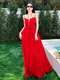 KYLETHOMASW  -  Women's Solid Backless Long Dresses Sexy Spaghetti Strap Halter Lace-up Wedding Evening Party Dress French Style A-line Vestidos