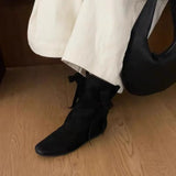 KYLETHOMASW  -  Genuine Leather Butterfly Knot Wrapped Strap Short Ankle Boots Women Polished Color Distressed Flat Bottomed Bare Shoes Female