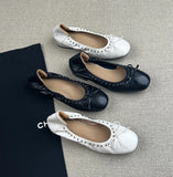 KYLETHOMASW  -  Autumn Vintage Rivet Bowknot Women Ballet Pumps Comfortable Soft Leather 3cm Thick Heeled Lazy Loafers Casual Girls Shoes