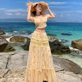 KYLETHOMASW  -  French Vacation Boho Beach 2 Piece Sets Womens Print Floral Outfits Summer Corp Top and High Waist Long Skirt Two Piece Set