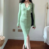 KYLETHOMASW  -  Autumn New Kniting Bodycon Midi Dresses For Women Long Sleeve Solid Color Elegant Office Ladies Single Breasted Slit Dress K658