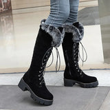 KYLETHOMASW  -  Lace-up Winter Shoes Women Snow Boots Real Fur Boots Women Knee High Suede Thick Heel Warm Outdoor with Zip Big Size 43
