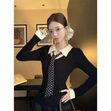 KYLETHOMASW  -  Vintage Patchwork Sweater Women Streetwear Cropped Tie Black Knitted Pullovers Korean Red Knitwears Winter Slim Jumpers