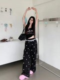 KYLETHOMASW  -  Y2k Coquette Bow Embroidery Wide Leg Pants Women Korean Style Kawaii Sweet Lace Patchwork High Waist Loose Pants Y2k