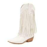 KYLETHOMASW  -  Women Fringe Western Boots Pink Sweet Embroidered Boots Brown Tassels Block Medium Heels Shoes Plus Size 48 Lady Winter