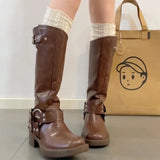 KYLETHOMASW  -  Winter Women Knee High Boots Fashion Belt buckle Long Boots Female Elegant Thick Heel Women's Knight Botties