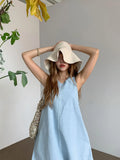 KYLETHOMASW  -  Women Korean Denim Dress Washed Blue Loose A Line Sleeveless Slimming Versatile Casual Dress