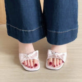 KYLETHOMASW  -  Summer Plaid Satin Bow Knot Women Slippers Concise Square Toe Lightweight Slip On Slides Outdoor Daily Walking Vacation Shoes