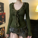 KYLETHOMASW  -  American Vintage Ruffles V-neck Long Sleeve Tshirts Solid Slim Fit Casual Pullover Tee Spring New Y2k Aesthetic Ropa Mujer