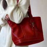 KYLETHOMASW  -  Red Stitching Tote Bag Women Leather Large Capacity Cute Handbag Purse Ladies Vintage Fashion Commute Shoulder Bags