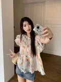 KYLTHOMASW  -   Y2k Floral Print Chiffon Blouse Women Flying Sleeve Perspective Fairycore Pleated Shirts Summer Fashion Aesthetic Tops