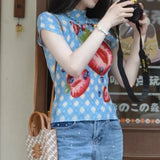 KYLETHOMASW  -  Sweet and cool blue plaid strawberry print pleated shirt women's summer slim-fit semi-turtleneck short-sleeved top