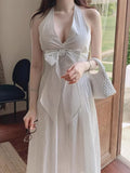 KYLETHOMASW  -  French Vacation Style Hanging Neck Striped Vest Dress Women Summer New Design Butterfly Bow Long Dresses