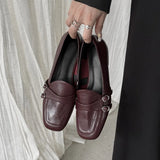 KYLETHOMASW  -  Elegant Burgundy Square Toe Loafers Women Fashion Metal Buckle Stitching Designer Shoes Comfortable Commuting Flat Office Shoes