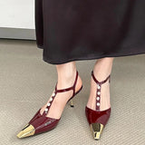 Kylethomasw Metal Pointed Toe Thin High Heels Women T-Strap Pearl Elegant Party Dress Shoes Ladies Fashion Designer Pumps Women Sandals