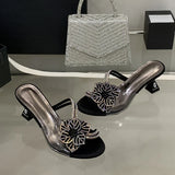 KYLETHOMASW  -  Outdoor Party Fashion Crystal Flower Women Slipper Transparent Sandal Rhinestone Low Heels Mules Slide Shoes Zapatos Mujer