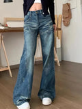 KYLETHOMASW  -  Woman Vintage Flare Jeans Korean Autumn New High Waist Slim Button Denim Pants Y2K Retro Streetwear Loose Lady Wide Leg Trousers