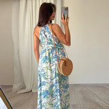 Kylethomasw -  Female Off Shoulder Hollow Out Holiday Beach Dress Elegant Pattern Print High Waist Long Dress Fashion Summer Halter Loose Dress