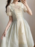 KYLETHOMASW  -  Summer Sweet Lolita Midi Dress Women Lace Trim Puff Sleeve Ruffle High Waist Princess Tiered Skirt Kawaii Japanese Fashion Party