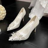 Kylethomasw Bride Shoes Crystals Flowers Women Pumps 2024 New White High Heels Luxury Hand-embroidered Pearl Flowers Satin Lady Thin Heels