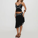 KYLETHOMASW  -  Women 2 Piece Skirt Outfit Boho Floral Spaghetti Strap Backless Tie Up Cami Crop Top Irregular Hem Midi Skirt Holiday Beachwear
