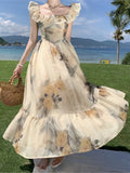 KYLETHOMASW  -  Floral Prints Midi Dresses for Women Vintage Fashion Elegant French Clothing Casual Holiday Beach Party Summer New