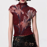 KYLETHOMASW  -  Y2K Exposed Navel Short Top Women Summer Half High Neck Lily Flower Print Short Sleeved Pleated Tight Fitting T Shirt
