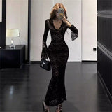 KYLETHOMASW  -  V-neck Long Sleeved Dress Womens Early Autumn Lace Hollow Mature Tight Fitting Skirt With Wrapped Buttocks And Fishtail Tail